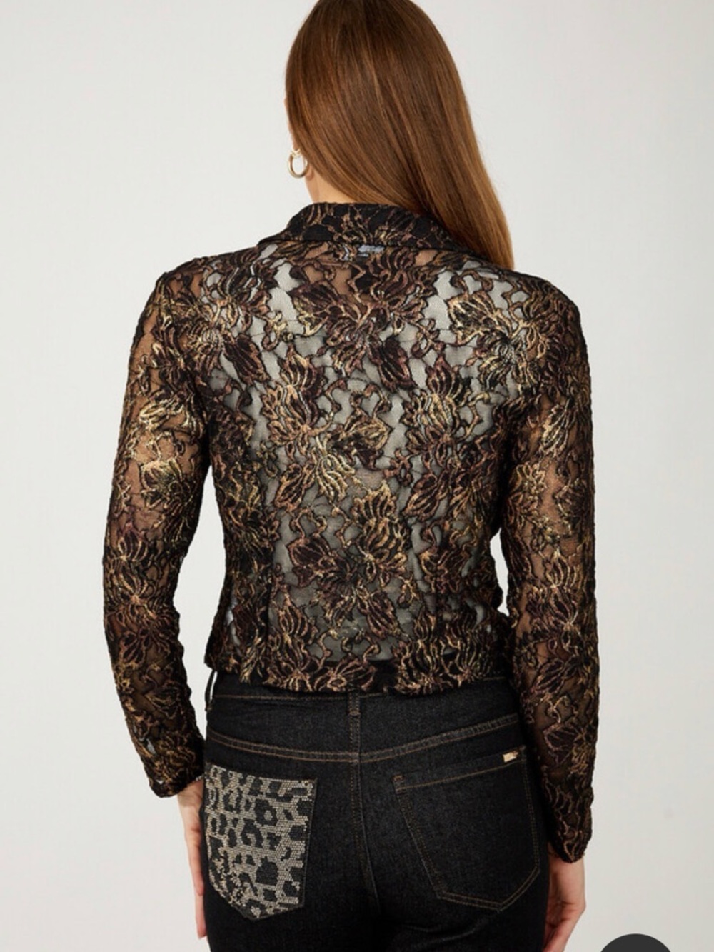 Frank Lyman Design Black & Gold Lace Zip-Front Blazer Sz 8 - Picture 2 of 5